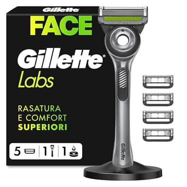 Gillette Labs Rasoio Barba Manuale con Barra Integrata, 1 Manico, 5 Lamette Gillette di Ricambio, con Base Magnetica, Grigio, Rasoio Barba e Lamette di Ricambio