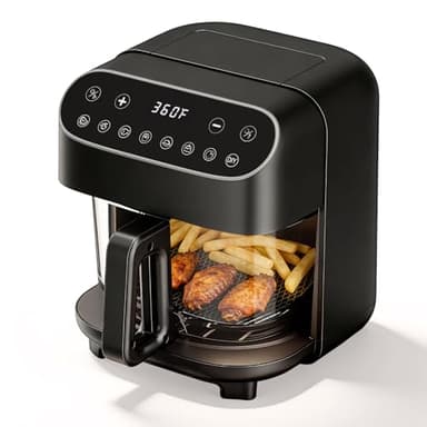 Friggitrice ad aria in vetro da 5 litri Havato, cestello in vetro borosilicato non tossico e non rivestito, friggitrice ad aria con ciotola di frittura trasparente, 8 modalità preimpostate, senza PTFE