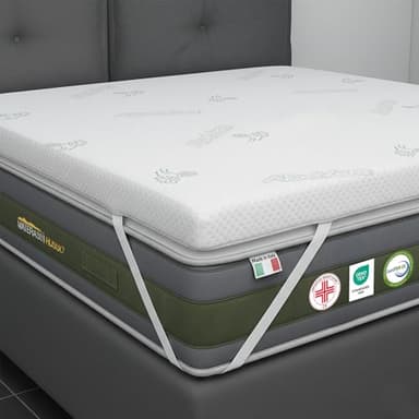 Topper matrimoniale 160x190 in Memory Foam ad Alta Densità 8 cm | Correttore materasso sfoderabile in Aloe Vera | Coprimaterasso imbottito Rinfrescante, massaggiante e traspirante | Made in Italy