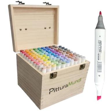 PitturaMundi Set 100 Pennarelli Professionali a Colori - Marcatori Doppia Punta Giapponese Fine e Larga - Marker ad Asciugatura Rapida e Colore Omogeneo - Set Artistico con Cassetta in Legno
