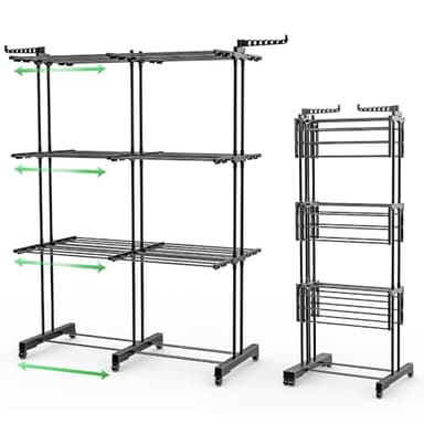 VOUNOT® 2 in 1 Stendino Verticale Salvaspazio Allungabile, 3 Livelli Stendibiancheria a Torre Pieghevole con Ruote, 12 Ali e 2 Bracci Estensibili per Interno ed Esterno, Nero