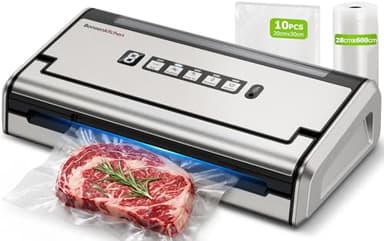 Bonsenkitchen Macchina Sottovuoto, Sigillatura Larga 5mm Antigoccia, Acciaio Inox, Una Mano & Pulse Secco/Umido, Macchina Sottovuoto ad Alte Prestazioni incl. 1 Rotolo & 10 Sacchetti, VS4200