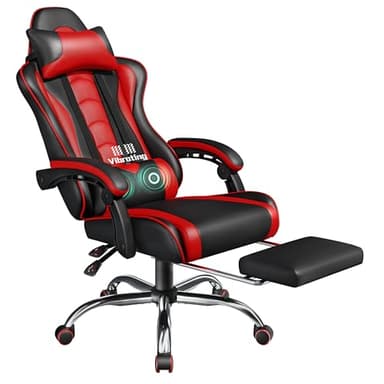 Yaheetech Sedia Gaming Ergonomica Massaggiante Reclinabile con Poggiapiedi Poggiatesta e Supporto Lombare Braccioli Imbottiti in Finta Pelle, Poltrona Gamer da Scrivania con Ruote Girevole Rosso