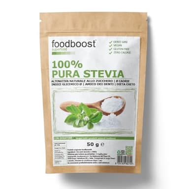 Stevia 50 g foodboost, sostituto dello zucchero, 0kcal - 100% Puro, dolcifica 300 vole più dello zucchero, adatto per diabetici e diete ipocaloriche o bilanciate
