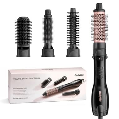 BaByliss Smooth Finish 1200 – Spazzola ad Aria Calda 4‑in‑1 per Asciugare, Lisciare, Modellare e Dare Volume, Tecnologia Ionica & Ceramica, 4 Accessori, 1200W, Nero/Rosa, AS122E
