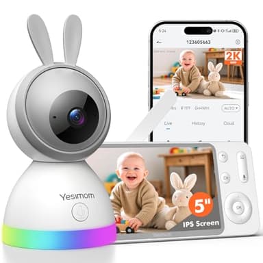 YESIMOM Baby Monitor, Versione Aggiornata 2K Telecamera Bambini con Monitor 5'' IPS Schermo, Controllo Tramite APP Mobile & Monitor, 360°PTZ, 3000mAh Batteria Ricaricabile, AI Intelligente