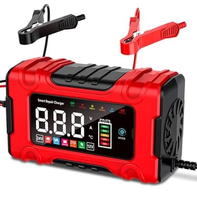 10A Carica Batteria per Auto, 12V/24V Caricabatterie Mantenitore con Modalità di Riparazione e Carica di Mantenimento per Auto, Moto e Camion, Batterie AGM, GEL, Wet, SLA e LiFePO4