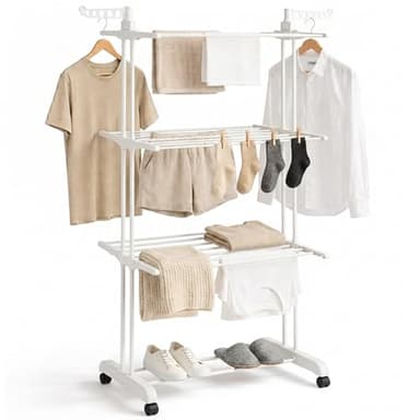 edihome, Stendino Verticale, Stendibiancheria Pieghevole 4 Livelli Con Ali Laterali, 35 Kg Acciaio Inox Con Ruote Salvaspazio Per Interno Ed Esterno (Bianco)
