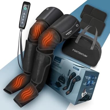 PORTENTUM Pressoterapia linfodrenaggio – Massaggiatore gambe con calore regolabile – 5 intensità compressione ad aria – Telecomando – Sollievo gambe stanche e migliore circolazione – Borsa trasporto