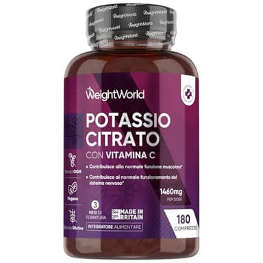 Potassio Citrato Vegano con Vitamina C, 2 Compresse al Giorno (per 3 Mesi), 180 Compresse con Vit C come Acido Ascorbico, Il Potassio Contribuisce al Normale Funzionamento del Sistema Nervoso (EFSA)