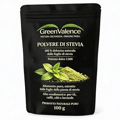 GreenValence Polvere di Stevia - Dolcificante Naturale 100% da Foglie di Stevia | Alta Resa 1:300 | Alternativa Vegetale Senza Zucchero | Ideale per Tè, Caffè, Dolci, Bevande e Dessert (100 g)