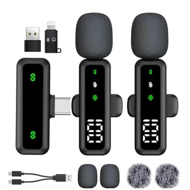 Microfono lavalier wireless con display a LED, microfono Lavalier con clip con riduzione del rumore, per registrazione video, Tiktok, Youtube, Vlog Podcast Content Creator (nero)