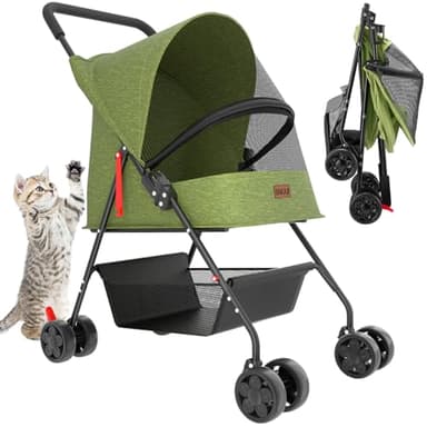 BAKAJI Passeggino per Animali Domestici Cani e Gatti Pieghevole e Salvaspazio Carico Massimo 15kg con Cestello Portaoggetti Ruote Bloccabili Cappottina Protettiva Anti UV (Verde)