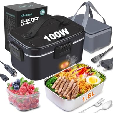 Kimfead Scaldavivande Elettrico Portatile 100W 1,8L Porta Pranzo Termico 12V/24V/230V Lunch Box Elettrico Acciaio Inox Rimovibile per Auto Camion e Ufficio