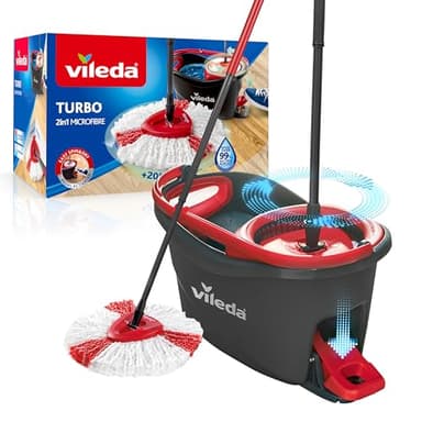 Vileda Turbo Sistema lavapavimenti rotante con secchio e pedale |Manico telescopico 55–130 cm |Lavapavimenti con strizzatura a centrifuga| Fiocco Microfibra 2in1| Lavapavimenti rotante e secchio