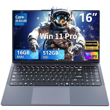 PC Portatile 16 Pollici con Core i5-8210Y, Laptop 16GB RAM 512GB SSD, Notebook Schermo IPS 1920x1200, Computer Portatile con Tastiera Retroilluminata, Mini-HDMI USB3.0 RJ45 Wi-Fi5 BT5.0 5800mAh