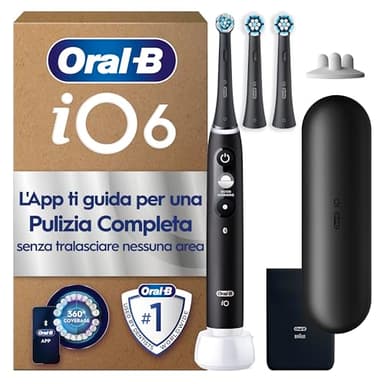 Oral-B iO 6 Spazzolino Elettrico Ricaricabile Nero, 3 Testine Di Ricambio, Custodia Da Viaggio. 1 Spazzolino Elettrico Oral B, 3 Testine Autentiche di Ricambio, Pulizia Denti Efficace