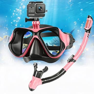 Shyllin Maschera Snorkeling, Maschera Subacquea Adulti con Supporto per Fotocamera, Set per Snorkeling con Maschera e Snorkel,180° Panoramici Anti-Appannamento Vetro Temperato Nuoto (Rosa)