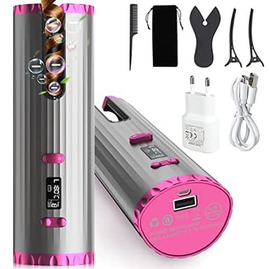 Ferro arricciacapelli automatico, professionale senza fili, ferro arricciacapelli agli ioni negativi con adattatore, ricarica USB, timer e 6 temperature, ferro arricciacapelli portatile in ceramica