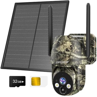 DFGRD 4G LTE Fototrappola con SIM e Scheda SD, 2K Telecamera Esterna con Pannello Solare Senza Fili, 360° PTZ Visione Notturna a Colori e Infrarossi, Rilevamento PIR, Audio 2 Vie, IP66