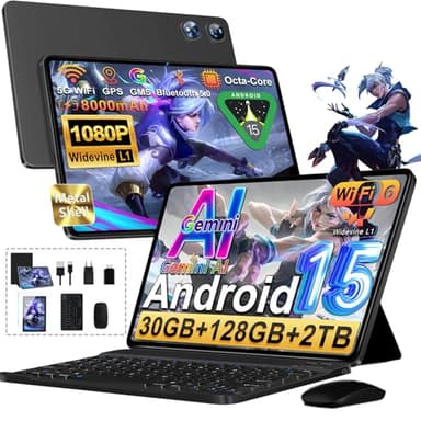 Android 15 Tablet 10 Pollici Con Octa-Core 2.0GHz, 30GB RAM 128GB ROM(TF 2TB Espandibile), Gemini AI tablet, 8000mAh, Widevine L1/ WIFI 5G/ GPS/Face ID/BT5.0/ Face ID,Tablets con Tastiera e Mouse-Nero