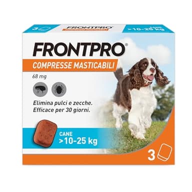 FRONTPRO 3 Compresse Masticabili Antiparassitario per Cani di Peso > 10-25 kg Protegge da Pulci e Zecche, Antipulci in Confezione da 3 Compresse da 68 mg di Afoxolaner, 10kg-25kg