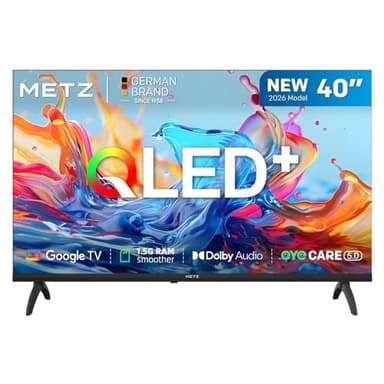 Metz 40 Pollici Smart TV con Google TV Televisore LED, Gen 6 QLED +, HDR 10 Dolby Audio Bluetooth 5,1 EyeCare DVB-T/T2/C/S/S2 CI+ HEVC Main10, 1.5GB RAM Upgrade (40MQH7000Y, 2026 Nuovo Modello)