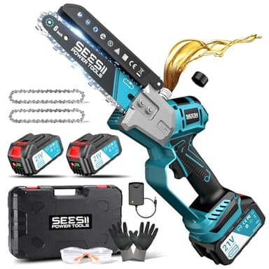SEESII Motosega a Batteria 6 Pollici, Mini Motosega Senza Spazzole con 2 * 4000 mAh Batterie, Lubrificazione Automatica, Ideale per Esterno e Giardinaggio