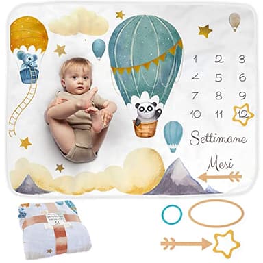 ODOXIA Coperta Neonato In Italiano | Tappeto Per Maschio O Femmina, Unisex | Tema Mongolfiera | Regalo Baby Shower Personalizzato Per Neomamme | Copertina | Incluse Cornici