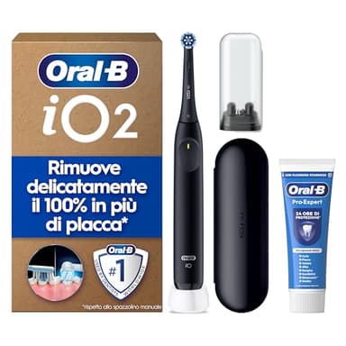 Oral-B Spazzolino Elettrico Ricaricabile iO 2, 1 Spazzolino Elettrico, 1 Testina Di Ricambio, Custodia Da Viaggio, Supporto per testine + 1 Dentifricio Oral-B Pro, Pulizia Denti, Nero
