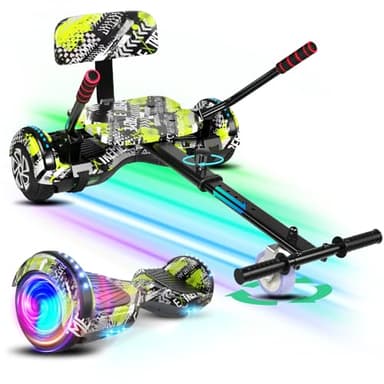 SISIGAD Hoverboard with go-kart seat, Bluetooth speakers and LED light, 6.5 inch tyres, powerful dual motor, all-terrain hoverboard