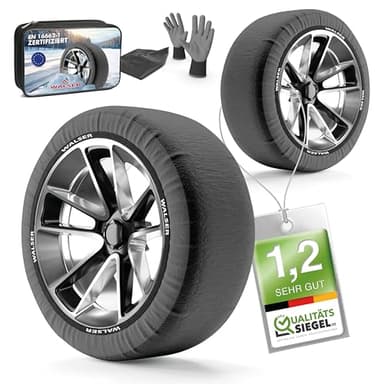WALSER Premium Calze da Neve Omologate Italia EN 16662-1, set di due catene da neve in tessuto per auto, 2 catene invernali per auto grigio/nero snow sock dimensioni cerchi R13-R22, L