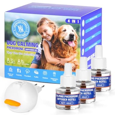 OSDUE Diffusore di Feromoni Calmanti per Cani,4 in1 Calmante per Cani Diffusores Feromoni(1 Diffusore + 3 Ricaricha 48ml),Rilassamento Naturale Dall'Ansia per Canis,All'Ansia Rimani più Calmo