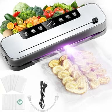 6 in 1 Macchina Sottovuoto Alimenti, 75 KPA Macchina Per Sottovuoto Professionale con Taglierina Incorporata e Modalità Vuoto Esterno, Display Digitale a LED Visibile, 50 Sacchetti Sottovuoto Alimenti