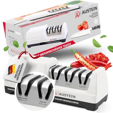 AUSTEIN Affilacoltelli elettrico Professionale al diamante TG2202 - con 3 Fasi Versatili, Mole diamantate Monocristalline, Affilatura Rapida, Motore Ultra Silenzioso, Protezione dal Surriscaldamento