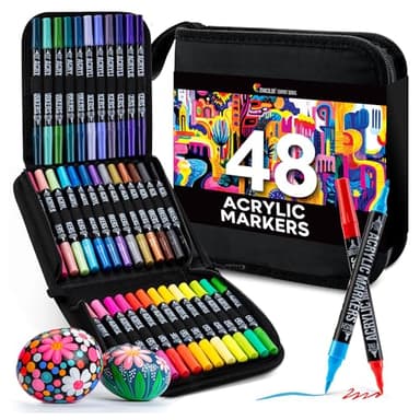 Zenacolor Pennarelli Acrilici a Doppia Punta (Fine e a Pennello) - 48 Colori Pennarelli Indelebili Acrilici per Diverse Superfici e Opere d'Arte - Dipingere Sass - Astuccio Incluso