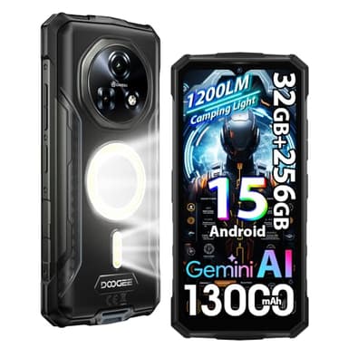 DOOGEE Fire 5 UItra 4G Rugged Smartphone,1200LM Luce Campeggio, 32GB+256GB/2TB,13000mAh 18W Android 15 Telefono Indistruttibile,6.6''HD+90Hz,48MP AI Fotocamera, IP68/NFC/OTG/3 Slot (Grigio)