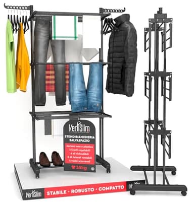 VertiSlim Dry Stendibiancheria Verticale 4 Livelli Stendino Salvaspazio - Stendipanni a Torre in Acciaio Inossidabile - Richiudibile con Ruote e Ali Laterali - Colore Nero per Interno Esterno