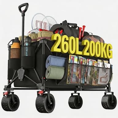 Carrello Spiaggia Pieghevole 260L, Carrello con Ruote Portatutto | Freno | Carrellino con Ruote Portatutto Max 200kg | Manico Regolabile | 25L Tasche Laterali | Esterni Giardino Campeggio(Nero)
