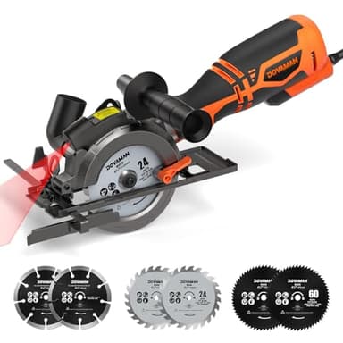 DOVAMAN MCS01A Sega Circolare per Legno, 710W 115mm Mini Sega Circolare, Maniglia Aggiuntiva, 3500RPM con Laser, 6 Lame, Profondità di Taglio 29-43MM, per Legno, Piastrelle, Metallo Morbido, Plastica