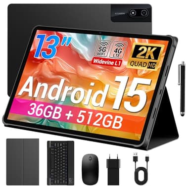 BEYNIVAN Tablet13 Pollici Android 15 tablet con 4G LTE/5G WiFi,36GB RAM+512GB ROM+1TB Espansione,2960x1848 FHD+, Gemini AI,11580mAh,13MP+8MP,BT 5.0/GPS/Split-Screen/Face ID/Tab con Tastiera,Nero