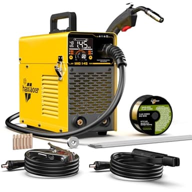 HAXIAOER 145A Saldatrice a Filo Continuo No Gas, 3 In 1 ARC/Flux MIG/MMA Lift TIG Saldatrice MIG con Luce LED, Compatta Saldatrice a Inverter, Avanzamento Filo Sinergico