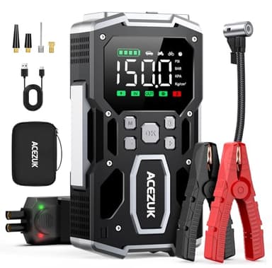 ACEZUK Avviatore Batteria Auto,8000A & 150PSI Avviatore di Emergenza per Auto con Compressore Aria Portatile (All Gas or 10.0L Diesel) 12V Jump Start,2 Luci/ 3.4" LCD Display