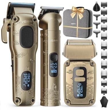 VGRPRO Set di Tagliacapelli uomo professionale e Trimmer Capelli, Rasoio Elettrico a Lamina, Macchinetta per capelli, 4 Impostazioni di Velocità, Display LED della Batteria, Uso da Barbiere (Oro)