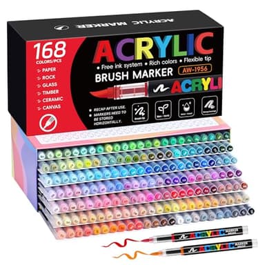 Tongfushop 168 Pennarelli Acrilici, Acrylic Marker Pennello con Flusso Auto-Regolato, Impermeabili ad Asciugatura Rapida per Decorare Sassi, Legno, Ceramica e Vetro | Ideale per Adulti e Fai da Te