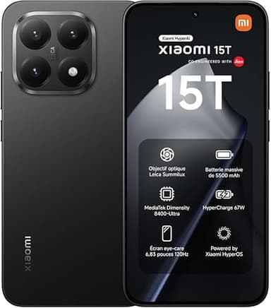 XIAOMI 15T, Smartphone 12 + 512 GB, Schermo 6,83" 120 Hz con protezione oculare, MediaTek Dimensity 8400-Ultra, Lente Leica Summilux 50 MP, 5500 mAh, Nero, Caricatore Incluso, NFC