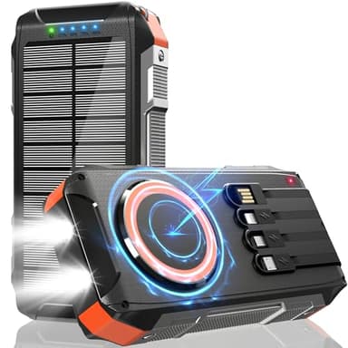 Power Bank Solare 26800mAh, Solare Powerbank Ricarica Rapida 30W, Caricatore Portatile Wireless con 4 Cavi Integrati, 3 Porte, 7 Uscite, LED Torcia, Batteria Portatile per Campeggio e Outdoor