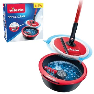 Vileda Spin & Clean, Lavapavimenti Con Sistema di Strizzatura Manuale attivabile attraverso il Manico, Set per la Pulizia dei Pavimenti con Secchio, Rullo pulente, Piastra, Panno 100% Microfibra