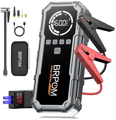 BRPOM Avviatore Batteria Auto con Compressore 160 PSI, 8000A 26800 mAh Avviatore Emergenza per Auto/Moto 12V(Tutti Gas 12L Diesel)Booster Avviamento 600LUMEN LED/Ricarica USB-C