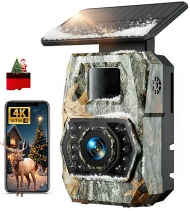 CamZeste Fototrappola con Pannello Solare 60MP 4K 30fps, WIFI Bluetooth e App Fototrappola con Batteria Ricaricabile da 5200mAh Angolo di Rilevamento 100°HD Visione Notturna Impermeabile IP66